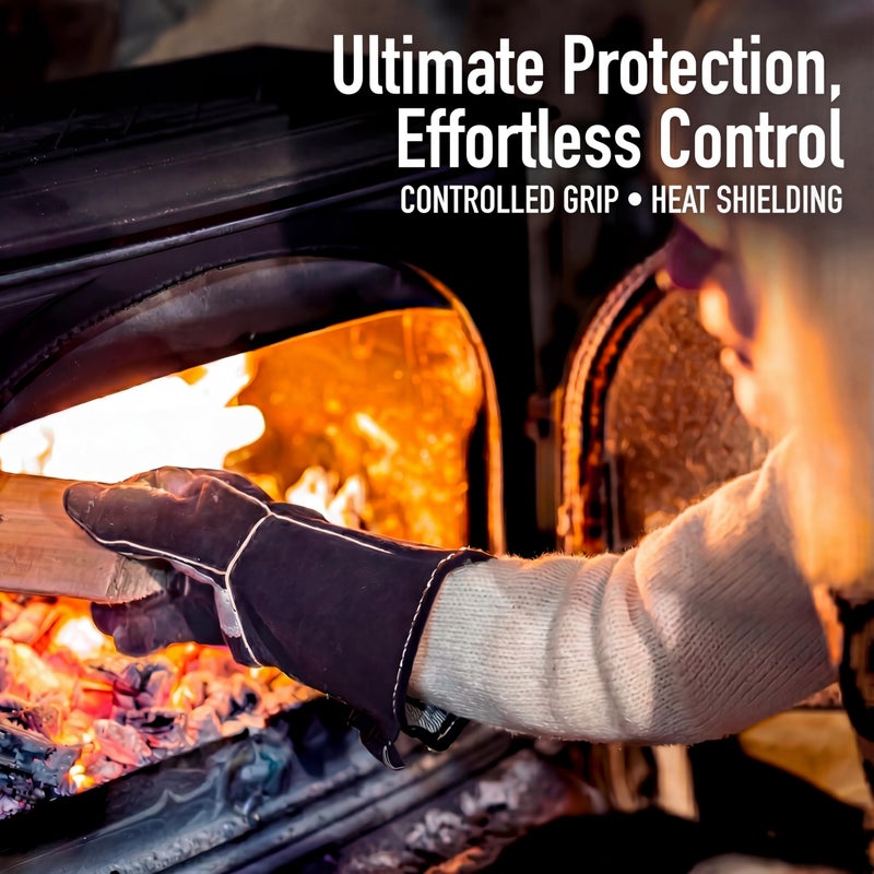 RAPICCA Fireplace Gloves Fire Heat Resistant: Black 14IN - Fireproof Leather for Fireplace Fire Pit Wood Stove Campfire Furnace BBQ Grill Oven Stick Mig Welding Welder Gear - Birthday Gift for men - Image 2